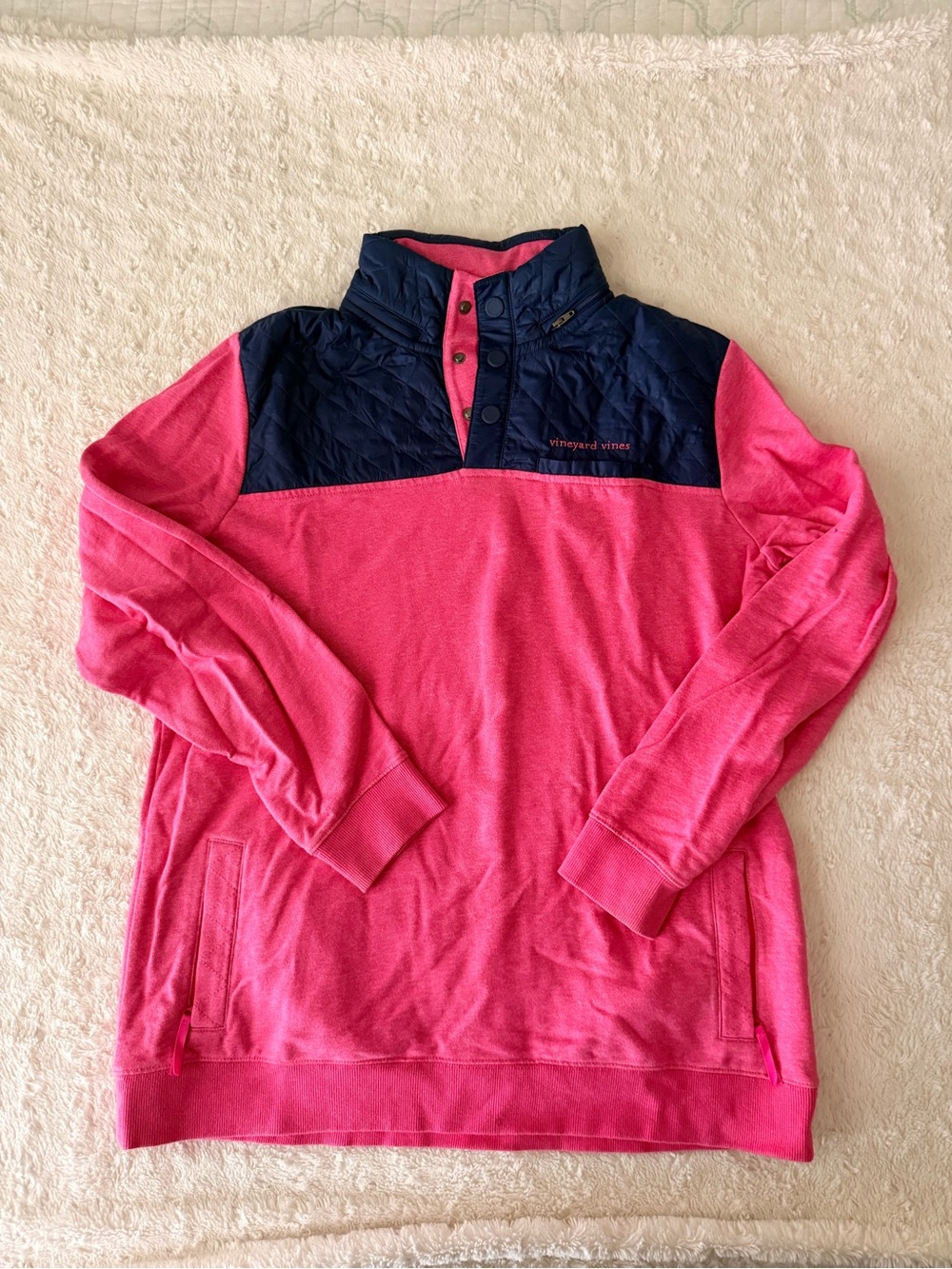 Vineyard Vines Pink Pullover with Navy Quilted Yoke with Hood in collar